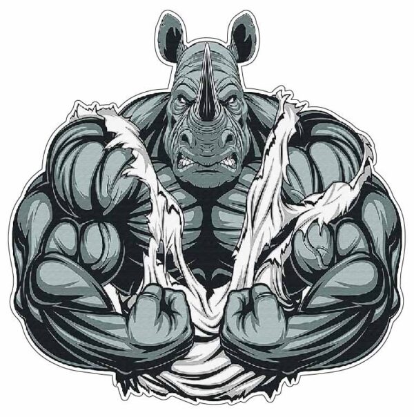 Raging Rhino Rampage Strong Rhinoceros Athlete Extreme Fitness Super Hero Old School Male Bodybuilder Angry Muscular Beast Intense Buff Animal Massive Biceps Aggressive Creature Cartoon vinyl sticker