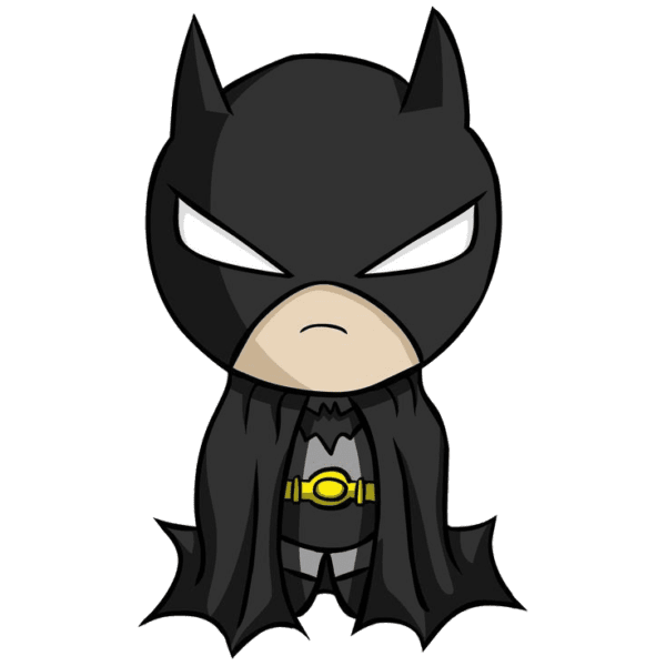 Scowling doodle with a big round head and a glare. Because he's Batman, he does not need any powers except for the power to melt your heart.