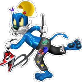 Cyber Devil Cat Running Blue Hell Super Hero Toony Verse Fun Club AI Sport Design Playful Quirky Cartoon Style Vinyl Sticker