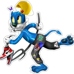 Cyber Devil Cat Running Blue Hell Super Hero Toony Verse Fun Club AI Sport Design Playful Quirky Cartoon Style Vinyl Sticker