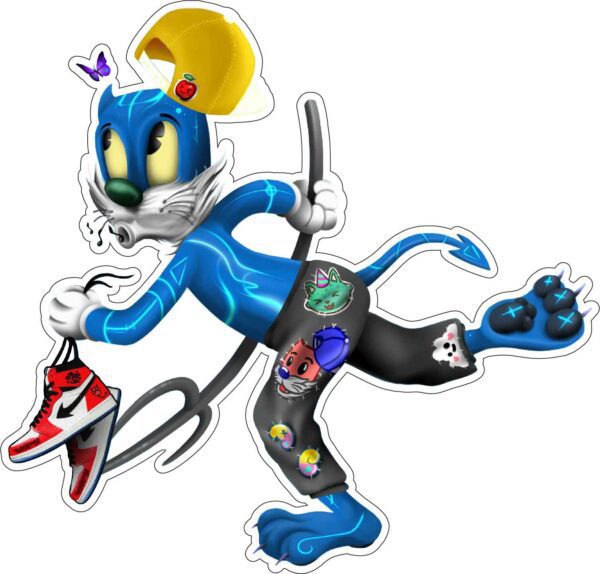 Cyber Devil Cat Running Blue Hell Super Hero Toony Verse Fun Club AI Sport Design Playful Quirky Cartoon Style Vinyl Sticker