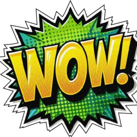 Wow Comic Lettering Boom Exclamation Big Explosion Mind Expression Retro Cartoon Design Vibrant Yellow Green Typographic Style vinyl sticker