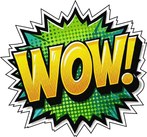 Wow Comic Lettering Boom Exclamation Big Explosion Mind Expression Retro Cartoon Design Vibrant Yellow Green Typographic Style vinyl sticker