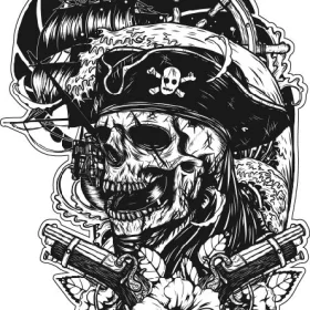 Mysterious Pirate Black And White Design Featuring Ship Skull Guns Flower asea Ocean Gothic Treasure Hunter Clip-art Vinyl Sticker