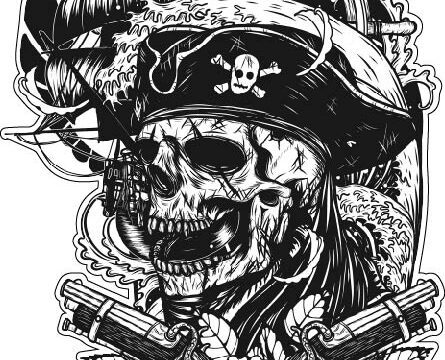 Mysterious Pirate Black And White Design Featuring Ship Skull Guns Flower asea Ocean Gothic Treasure Hunter Clip-art Vinyl Sticker
