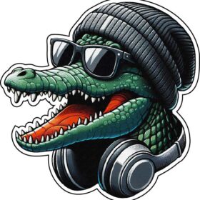 DJ Alligator With Stylish Baine Smiling Crocodile With Trendy Versace Sunglasses And Professional Headphones Ready To Rock The Swamp Crazy Animal Style vinyl sticker