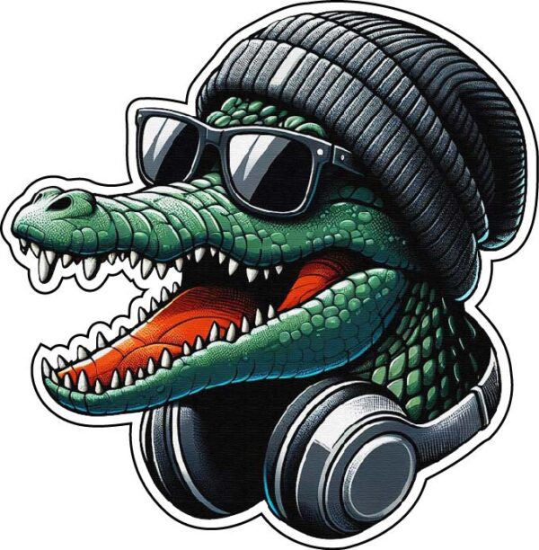 DJ Alligator With Stylish Baine Smiling Crocodile With Trendy Versace Sunglasses And Professional Headphones Ready To Rock The Swamp Crazy Animal Style vinyl sticker