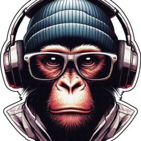 Monkey Gamer Cool Tech- Savvy Primate Wearing Gaming Headphones And Stylish Google Glasses Urban Street Headgear Wise Streamer Ape With Attitude Edgy AI Digital Art Planet Of The Apes Cartoon Style vinyl sticker