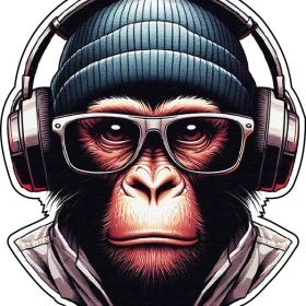 Monkey Gamer Cool Tech- Savvy Primate Wearing Gaming Headphones And Stylish Google Glasses Urban Street Headgear Wise Streamer Ape With Attitude Edgy AI Digital Art Planet Of The Apes Cartoon Style vinyl sticker
