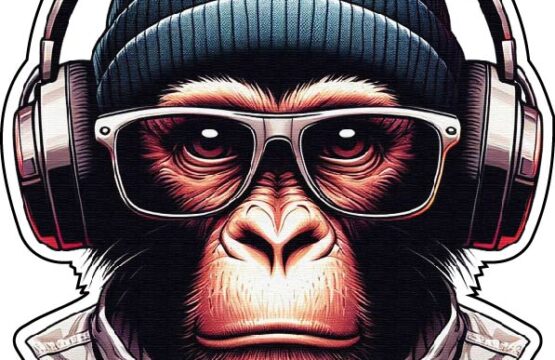 Monkey Gamer Cool Tech- Savvy Primate Wearing Gaming Headphones And Stylish Google Glasses Urban Street Headgear Wise Streamer Ape With Attitude Edgy AI Digital Art Planet Of The Apes Cartoon Style vinyl sticker