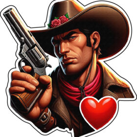 Romantic Cowboy Handsome Gunslinger In Love Wild West Love story Western Hero Rustic Affair Guns and Roses Adventure Big Cartoon Heart AI Digital Design vinyl sticker