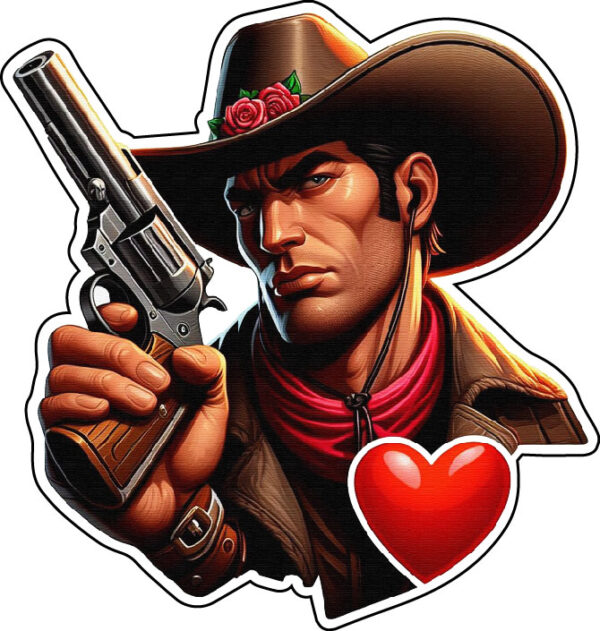 Romantic Cowboy Handsome Gunslinger In Love Wild West Love story Western Hero Rustic Affair Guns and Roses Adventure Big Cartoon Heart AI Digital Design vinyl sticker