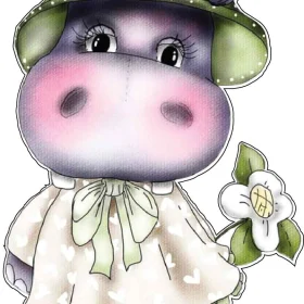 Adorable Baby Hippopotamus Big Thoughtful Eyes Elegant Floral Hat Stylish Frock Purple Hippo Art vinyl sticker