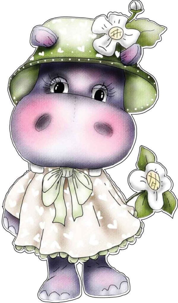 Adorable Baby Hippopotamus Big Thoughtful Eyes Elegant Floral Hat Stylish Frock Purple Hippo Art vinyl sticker