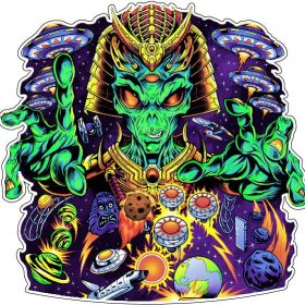 Alien Overlord Psychedelic Retro Sci-Fi Space Monster UFO Galaxy Art Trippy Cosmic Horror Neon Extraterrestrial King Vaporwave Fantasy vinyl sticker