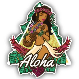 Aloha Hawaii Island Pretty Sexy Girl Singing Melodic Paradise Song and Playing Hawaiian Guitar vinyl sticker