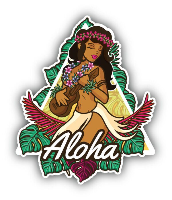 Aloha Hawaii Island Pretty Sexy Girl Singing Melodic Paradise Song and Playing Hawaiian Guitar vinyl sticker