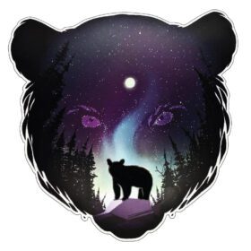 Bear Night With Full Moon Art Aurora Lights Design Vinyl Sticker