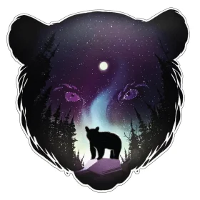 Bear Night With Full Moon Art Aurora Lights Design Vinyl Sticker