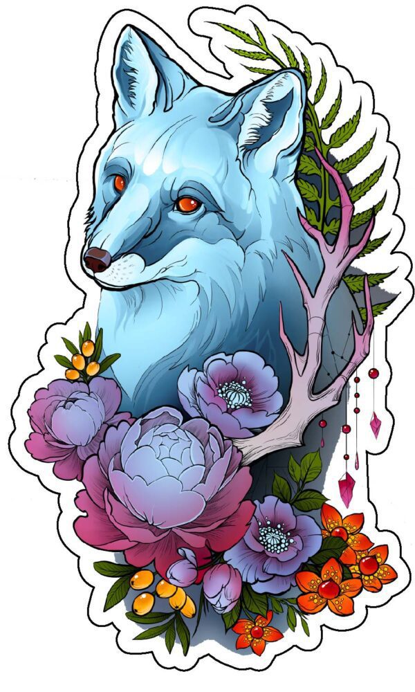 Beautiful-Blue-Foxy-With-Flowers-vinyl-sticker