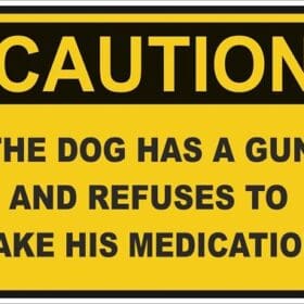 CAUTION THE DOG HAS A GUN WARNING FUN VINYL STICKER.JPG