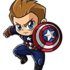 Cute Chibi Captain America Attacking With Famous Star Shield With Fierce Big Blue Eyes Ready To Save The Universe Iconic Avenger Super Hero Kawaii Style Cartoon Character New Stylish Look vinyl sticker