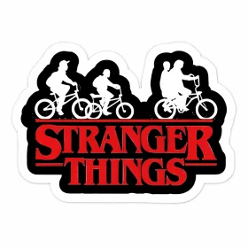 Stranger Things Retro 80s Logo Hawkins Bike Scene Silhouette Netflix Sci-Fi Horror Aesthetic Vintage Red Typography vinyl sticker