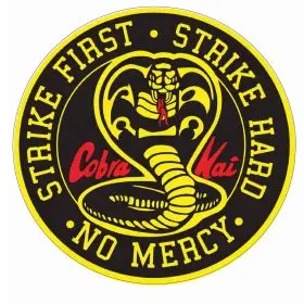 Cobra Kai Strike First Strike Hard No Mercy Snake Logo Martial Arts Karate Dojo Retro 80s Action TV Series vinyl sticker