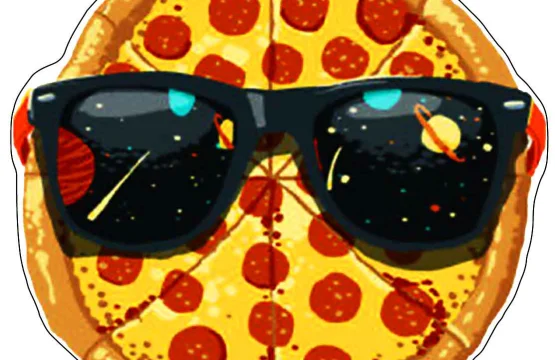 Add some sizzle to your belongings with our cool vinyl sticker featuring a delicious, greasy pizza wearing trendy sunglasses!