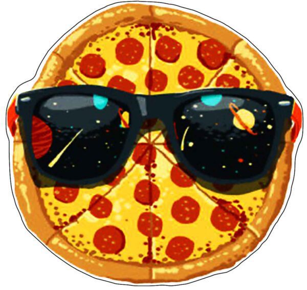 Add some sizzle to your belongings with our cool vinyl sticker featuring a delicious, greasy pizza wearing trendy sunglasses!