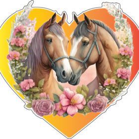 Couple Horse In Love Heart And Flower Wreath Beautiful Watercolor Portrait Art vinyl sticker