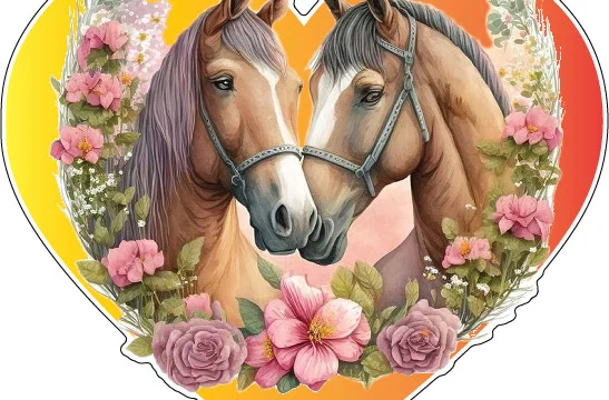 Couple Horse In Love Heart And Flower Wreath Beautiful Watercolor Portrait Art vinyl sticker