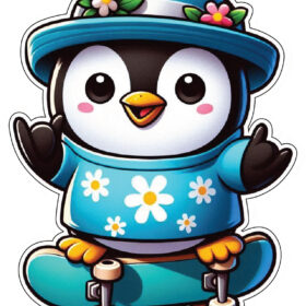 Cute Happy Penguin On Skateboard Wearing Blue Shirt With Flower Print Stylish Hat Summer Skating Fun Cheerful Vibe Animal Lover Cartoon Character Style 02 vinyl sticker