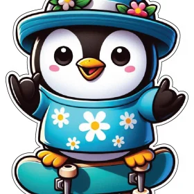 Cute Happy Penguin On Skateboard Wearing Blue Shirt With Flower Print Stylish Hat Summer Skating Fun Cheerful Vibe Animal Lover Cartoon Character Style 02 vinyl sticker