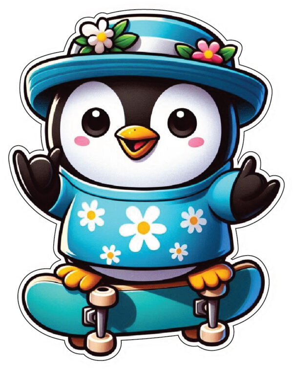 Cute Happy Penguin On Skateboard Wearing Blue Shirt With Flower Print Stylish Hat Summer Skating Fun Cheerful Vibe Animal Lover Cartoon Character Style 02 vinyl sticker