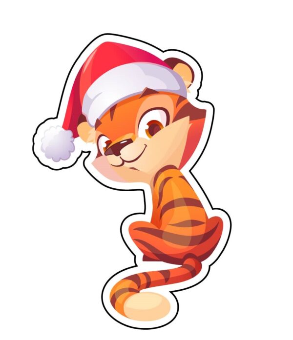 Cute Little Tiger in Santa Claus Christmas Hat Wiggling Its Tail vinyl sticker
