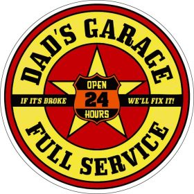 Dad’s Garage Full Service Vintage Auto Repair 24 Hours Retro Round Mechanic Workshop Logo Old School Car Service vinyl sticker
