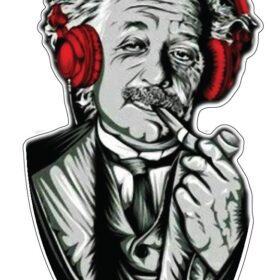 Einstein Loves Music Famous Genius Scientist Physicist Mysterious Universe Smile Red Headphones Smoking Pipe Art vinyl sticker