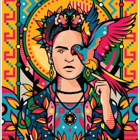 Frida Kahlo With Parrot In Ukrainian Fancy Pop Art Portrait Vinyl Sticker