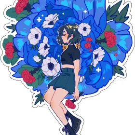 Pretty Blue Anime Cartoon Girl Flowers