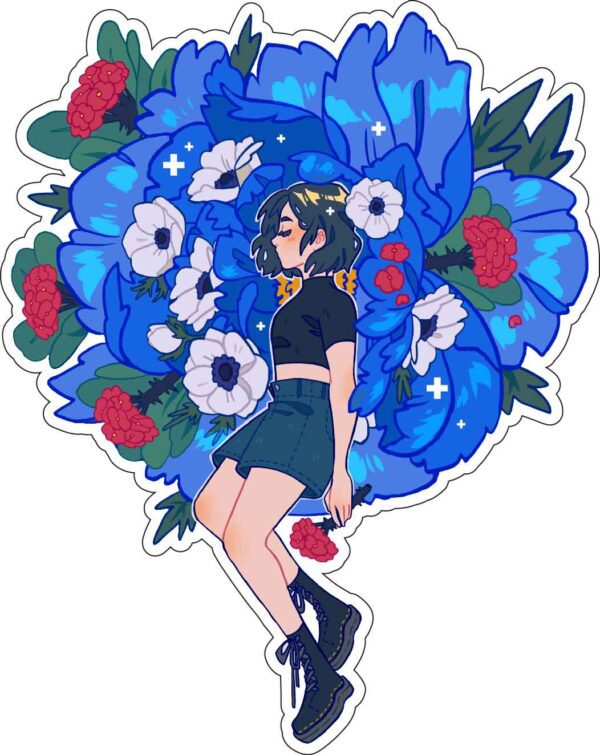 Pretty Blue Anime Cartoon Girl Flowers