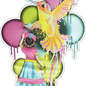 Girl Painting Vibrant Hummingbird And Colorful Balloons On Mexican Airport Wall Banksy Art Style Vinyl Sticker