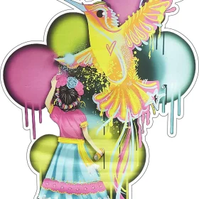 Girl Painting Vibrant Hummingbird And Colorful Balloons On Mexican Airport Wall Banksy Art Style Vinyl Sticker