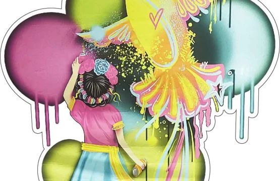 Girl Painting Vibrant Hummingbird And Colorful Balloons On Mexican Airport Wall Banksy Art Style Vinyl Sticker