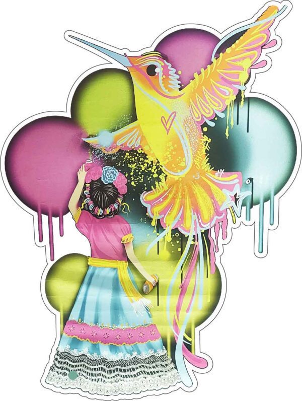Girl Painting Vibrant Hummingbird And Colorful Balloons On Mexican Airport Wall Banksy Art Style Vinyl Sticker