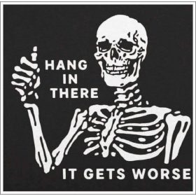 Hang In There It Gets Worse Skeleton Dark Humor Gothic Meme Motivational Skull Art vinyl sticker