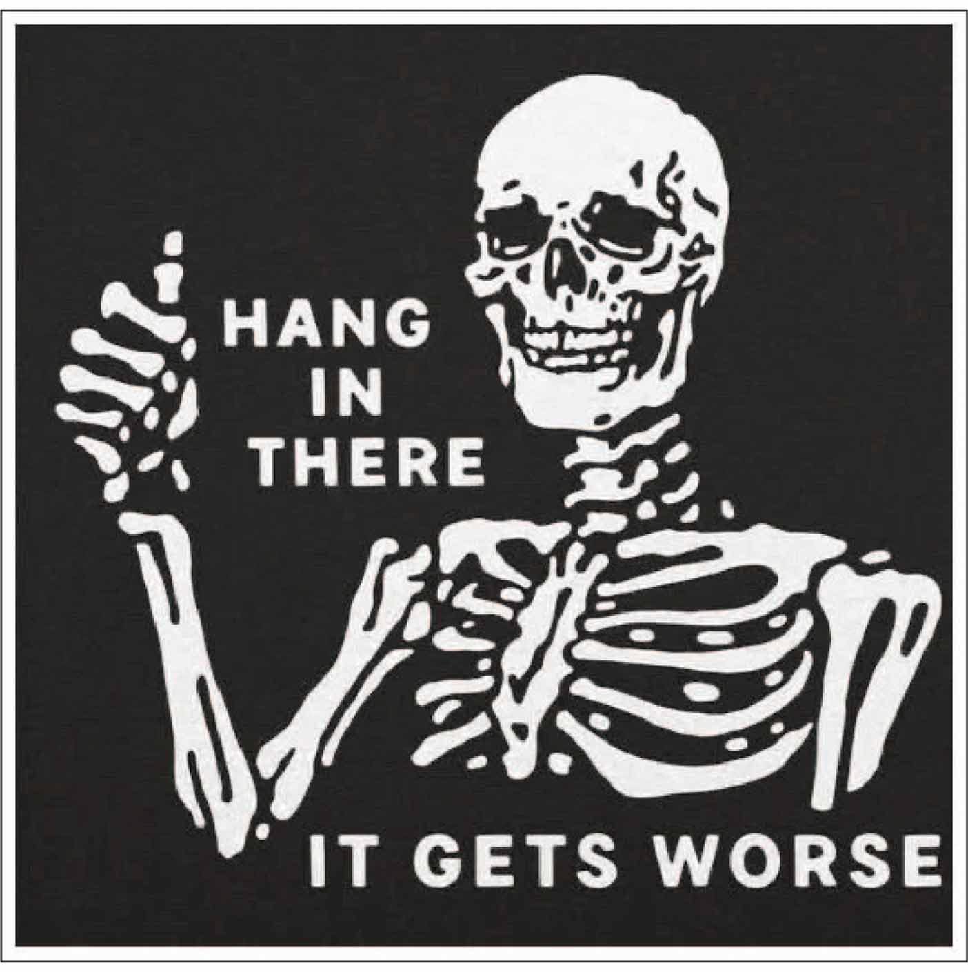 Hang In There It Gets Worse Skeleton Dark Humor Gothic Meme Motivational Skull Art vinyl sticker Hang In There It Gets Worse Skeleton Dark Humor Gothic Meme Motivational Skull Art vinyl sticker