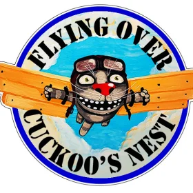 Grinning Cat In Helmet Flying Over Cuckoo’s Nest On Wooden Wings vinyl sticker