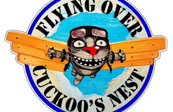 Grinning Cat In Helmet Flying Over Cuckoo’s Nest On Wooden Wings vinyl sticker