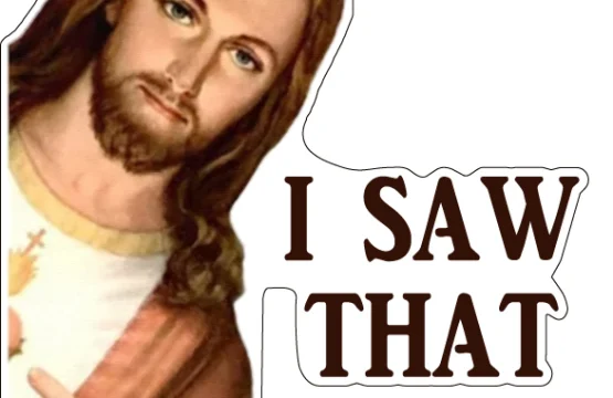 Jesus I Saw That / Buddy Christ Meme Art vinyl sticker / printed vinyl decal